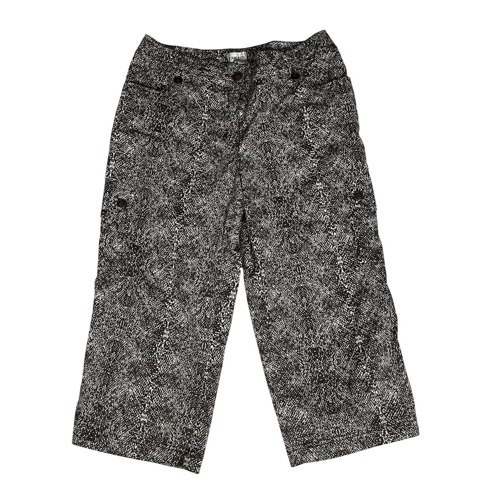 Chicos Size 1.5 Brown Beige Snake Print Capri Cargo Pants Stretch Pockets